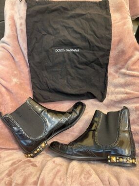 Dolce & Gabbana Black Patent Chelsea Boots with Gold Stud Accents